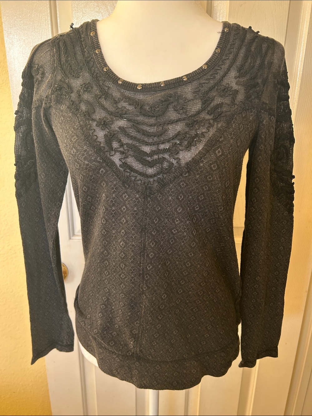 Free People Black Embroidered Lace Yoke Long Sleeve Top